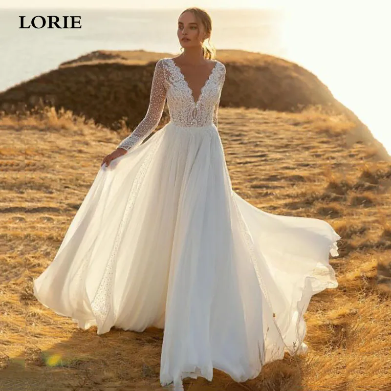 LORIE A Line Chiffon Wedding Dress Long Sleeves Sexy V Neck lace Bride Dress 2021 Boho Wedding Gown PluS Size