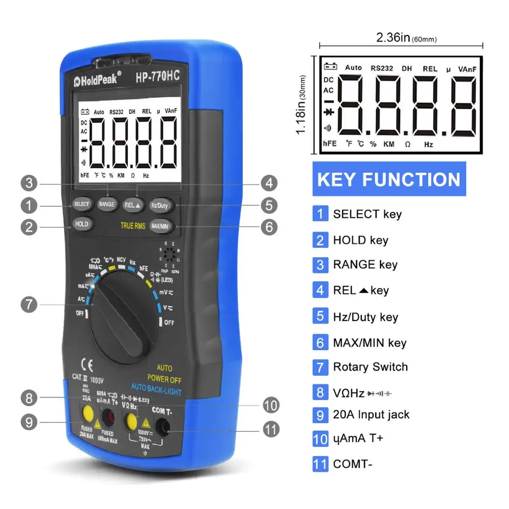 Multimetro HoldPeak HP-770HC True RMS Auto Ranging Digital Multimeter with NCV Feature and Temperature/Frequency/Duty Cycle Test