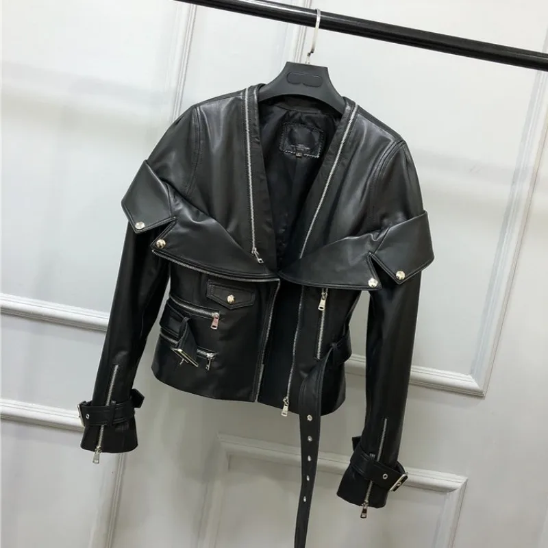 Designer Motorcycle Biker Jacket Female Slim Sashes Sheepskin Real Leather Short Coat Streetwear Punk Black Zipper Outerwear