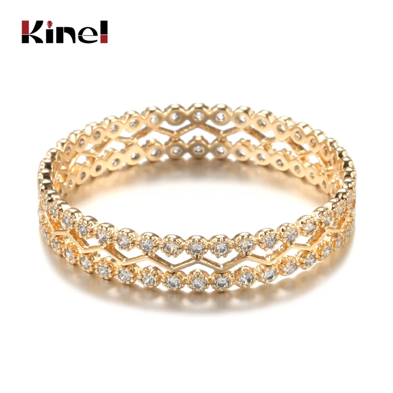 Kinel New Arrivals 585 Rose Gold Ring Double Row Micro-wax Inlay Natural Zircon Hollow Rings Women Wedding Party Fine Jewelry