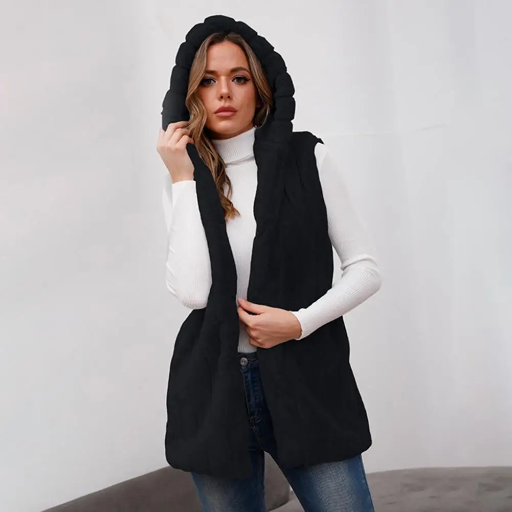 Waist Tight Hooded Vest Coat Women Faux Fur Pockets Solid Color Plus Size Long Warm Lady Vest Overcoat Outerwear жилетка женская