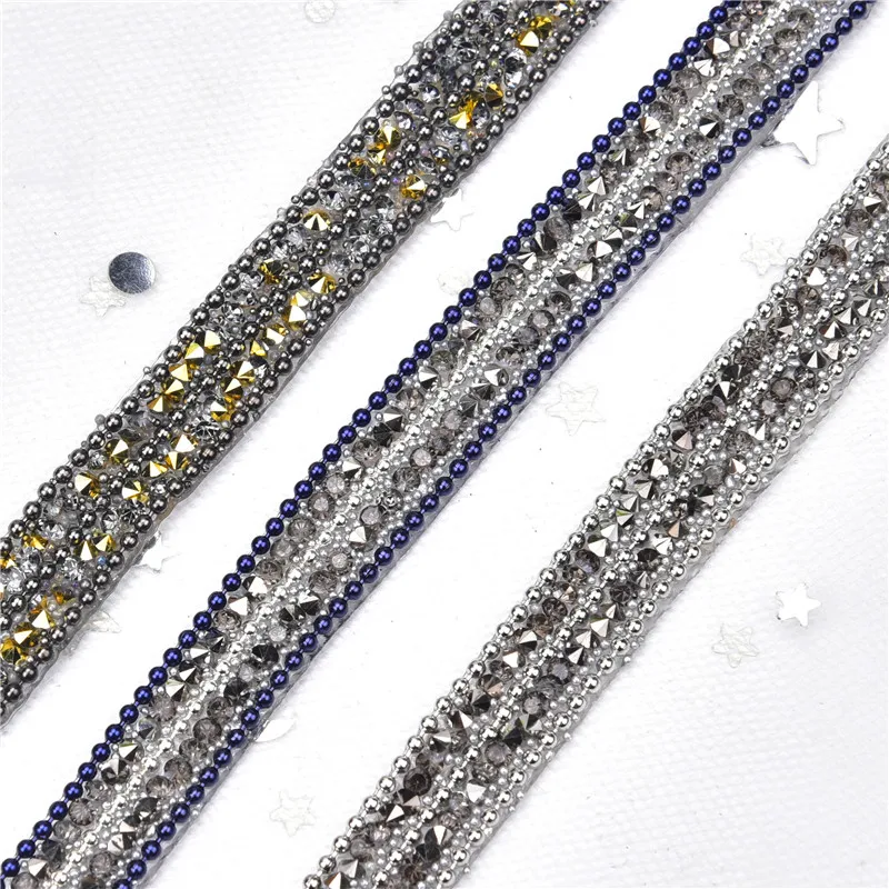 3 Row Beaded Diamond Chain Hotfix Rhinestones Tape Trims Decorative Sticker Dress Belt Jeans Edge Diy Adhesive Strip For Garment