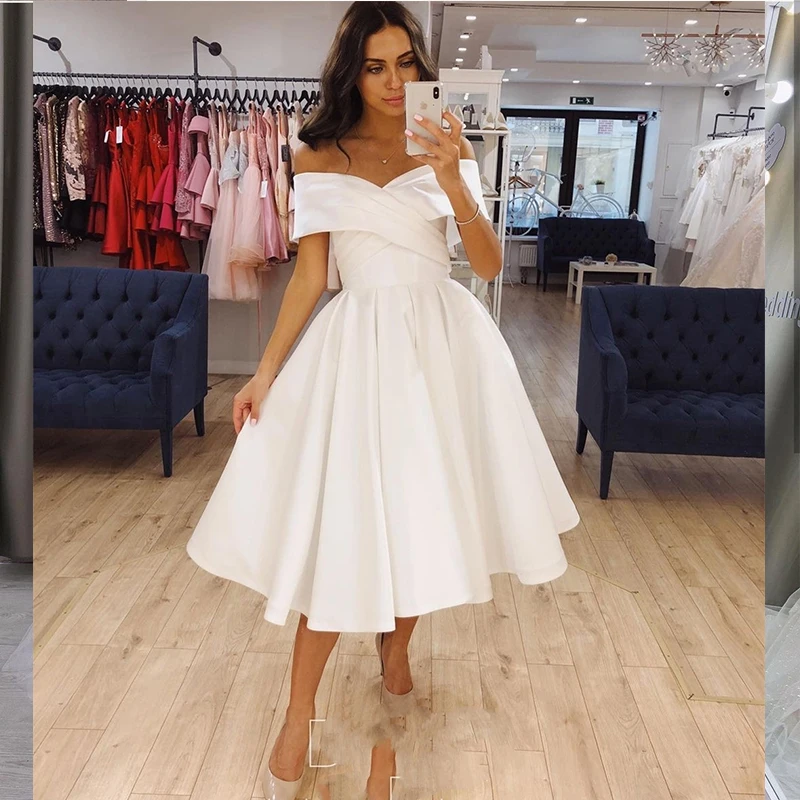 Kurze Hochzeit Kleid Satin Knie Länge 2023 Falte Einfache Off Schulter Brautkleid Für Frauen Bräute Elegante Günstige Robe De mariee