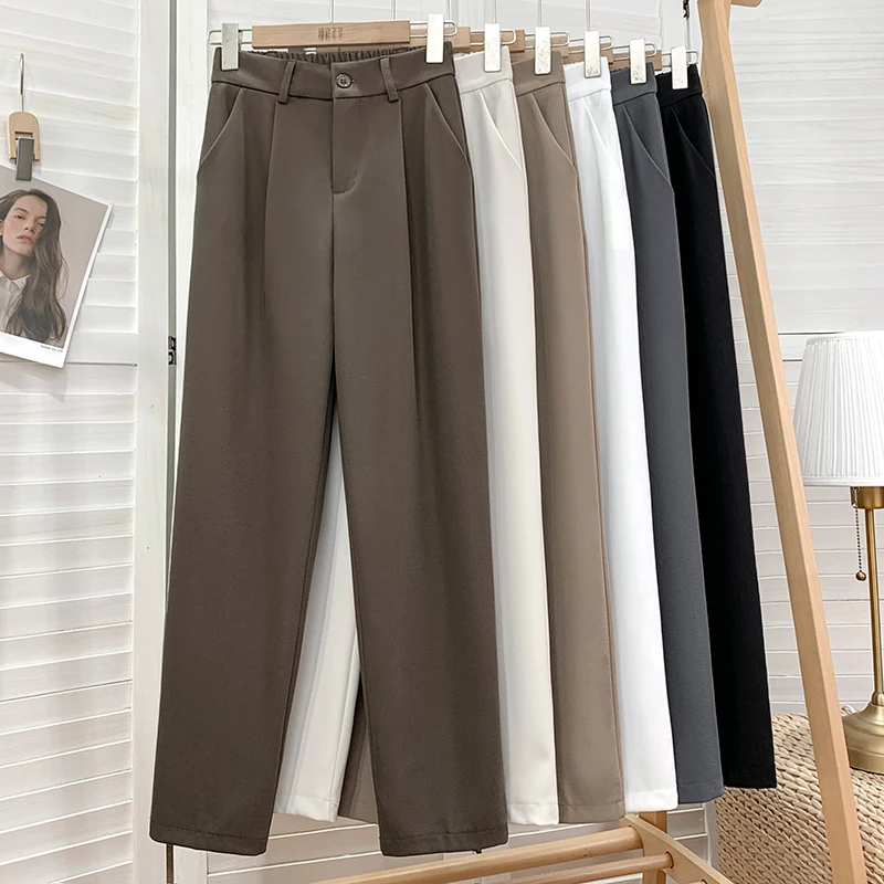 New Chic Harm Pants Woman High Waist Elastic Khaki Tailored Trousers Office Ladies Korean Business Elegant Bottom Straight Pants