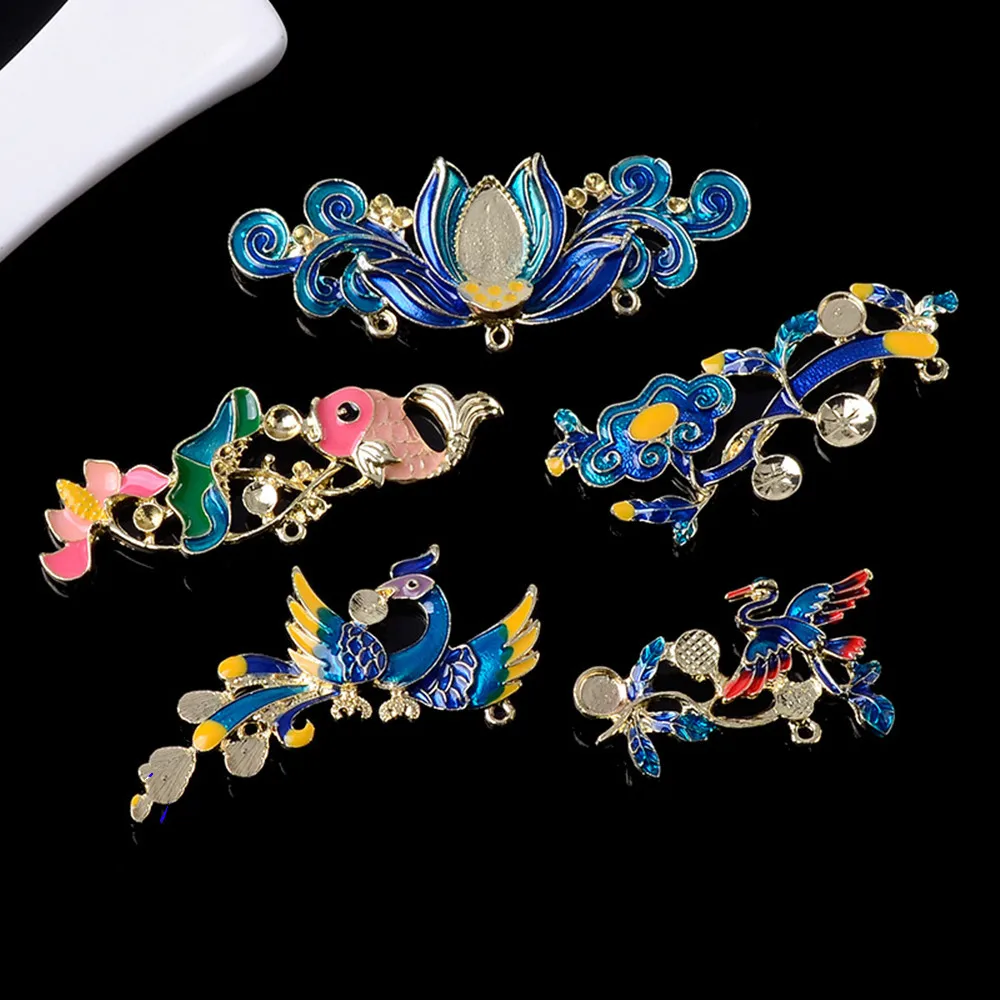 Vintage Royal Blue Connectors with many holes 10pcs big Chinese Fancy Carp Crane Enamel Jewelry making Hair Accessories for diy