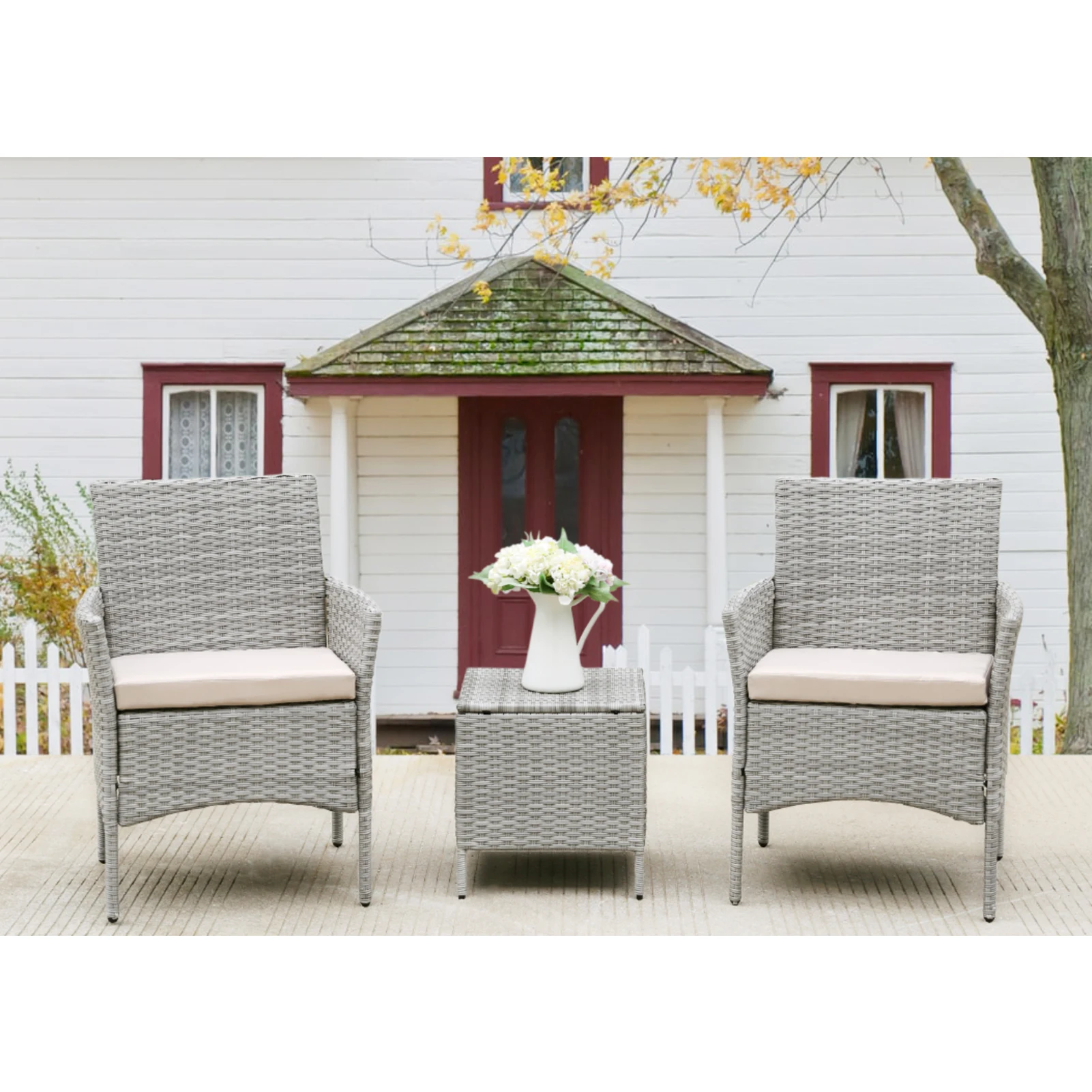 3 Pcs Conversation Set Outdoor Patio Garden Furniture 2 Armrest Sofa(with Cushion)+1 Coffee Table(without Glass Top)[US-W]