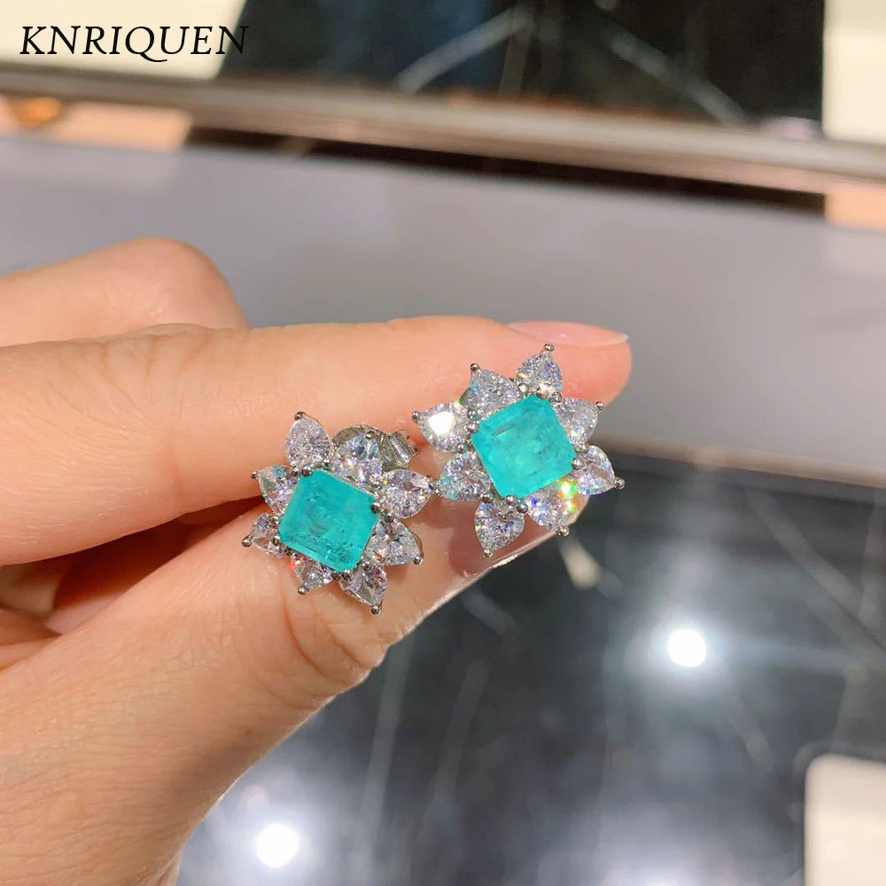 Vintage 7*7MM Paraiba Tourmaline Gemstone Lab Diamond Stud Earrings Gift Fine Jewelry for Women Accessories Statement Wholesale