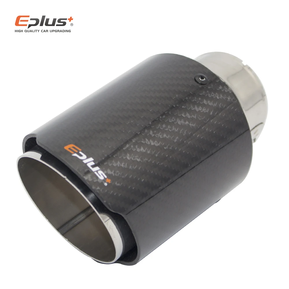 EPLUS Car Glossy Carbon Fiber Muffler Tip Exhaust System Pipe Mufflers Nozzle Universal Straight Stainless Silver