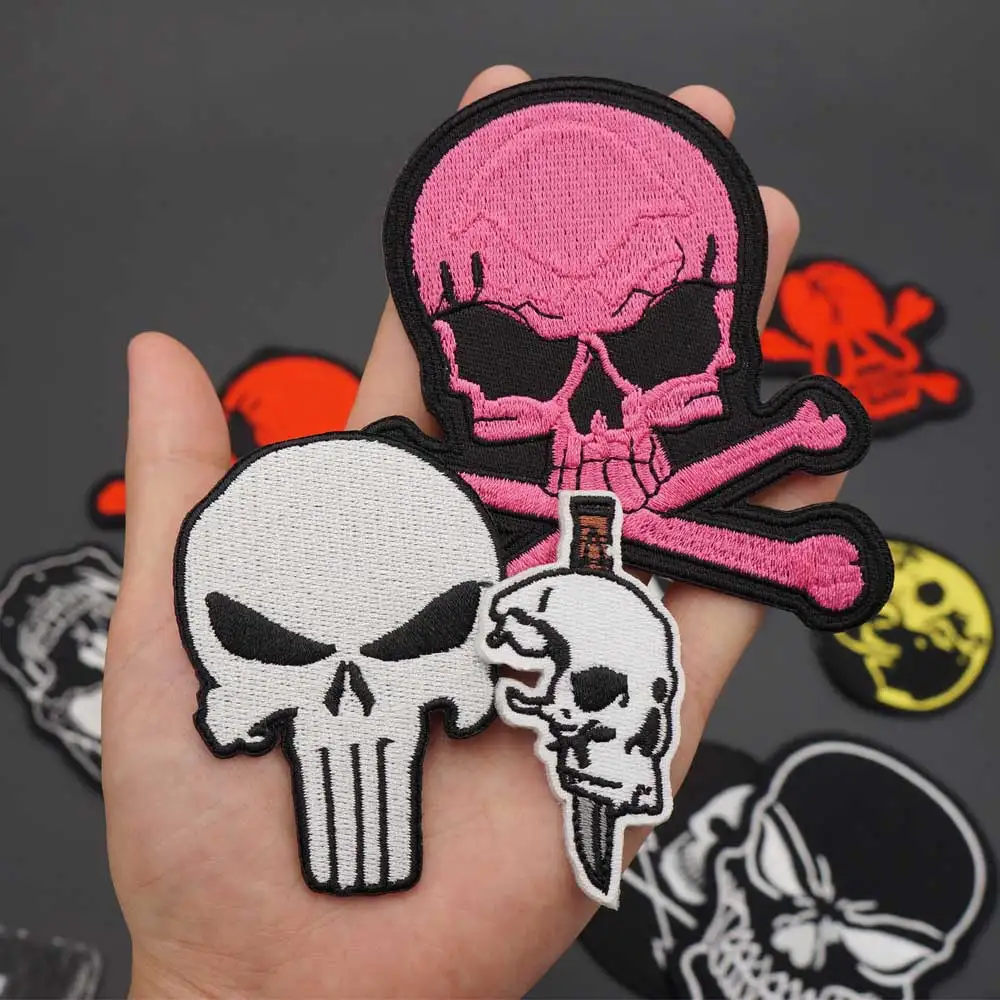Skull Embroidered Biker Patches Punk Rock Badge Iron on Back for Clothes Stickers Apparel Accessories