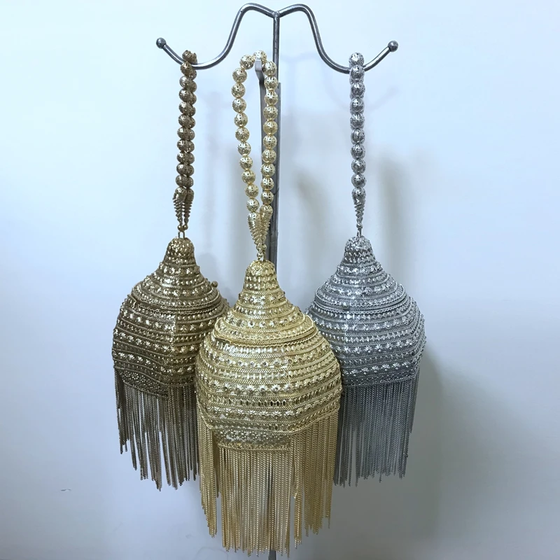 DOYUTIG Indian Vintage Hand-Made Metal Handbag Women\'s Shiny Rhinestone Tassel Wedding Clutches Female Luxury Evening Bags F742