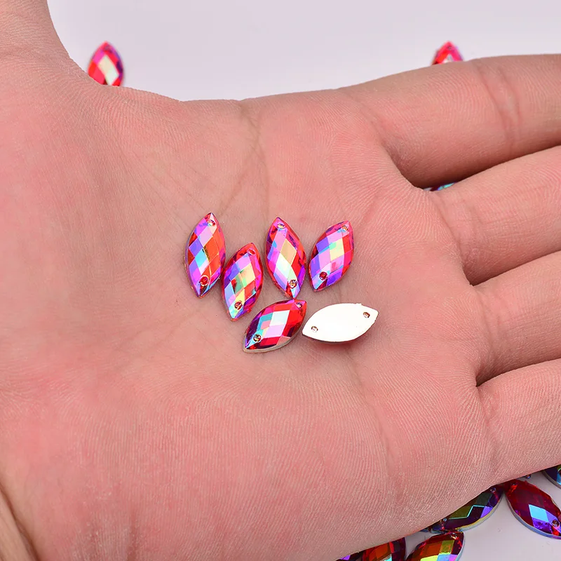 JUNAO 100pc 7*15mm Sewing Red AB Rhinestones Horse Eye Acrylic Strass Sew On Stones And Crystals for Dress Decoration