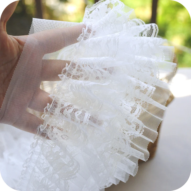 12CM Wide Four Layers White Black Tulle Mesh Embroidery Guipure Lace Ruffle Trim Princess Dolls Fluffy Dress Fringe Sewing Decor