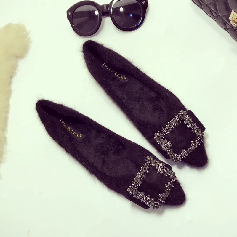 31-45 big size mink fur fur flats female new winter warm shoes woman pointy black furry moccasins plush cotton shoes for women 2