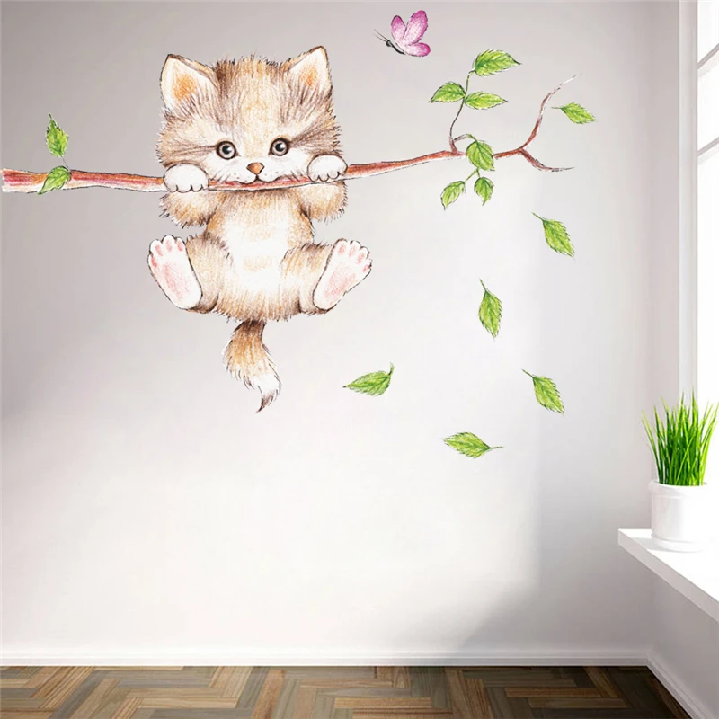 cartoon cat butterfly tree branch wall stickers kids rooms nursery home decor diy animal wall decals posters pvc mural art