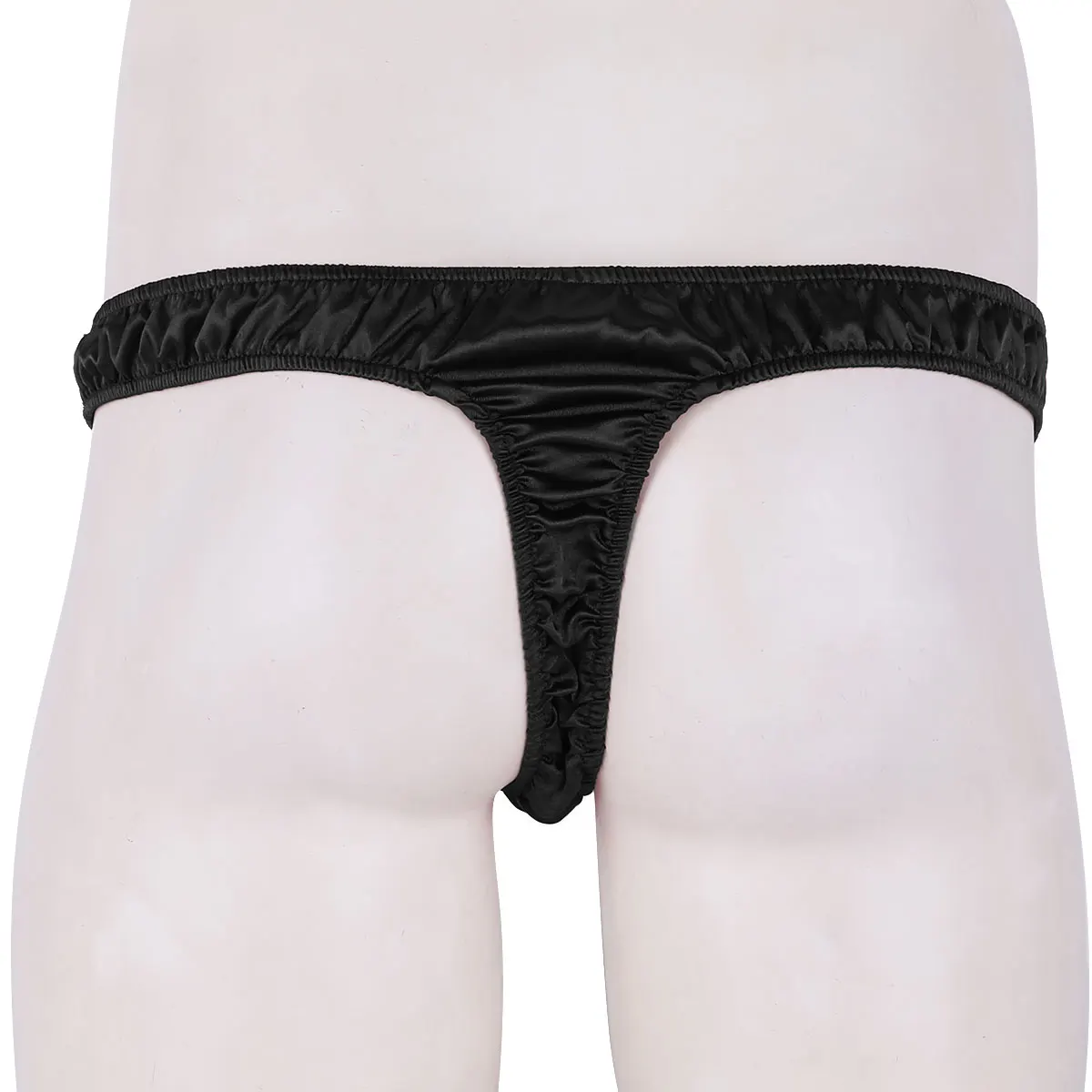 Tanga de satén suave y brillante para hombre, ropa interior Gay, lencería Sexy de tiro bajo con volantes, Bikini, ropa de dormir