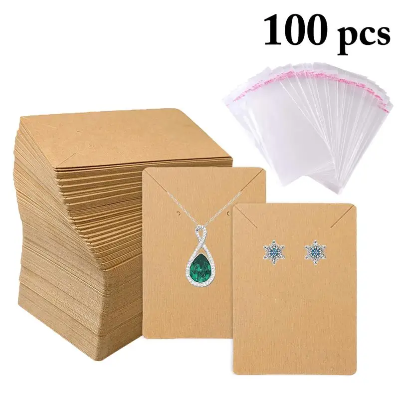 

100pcs Solid Color Jewelry Display Cards DIY Multi-Purpose Earring Card Kraft Paper Necklace Display Card With 100pcs Cello Bag