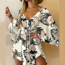 Women Tunics Dress Bikini Cover-ups Kimono Sexy V Neck Femme Swimsuit 2023 New Summer Dresses Irregular Bat Sleeve Beach Wear