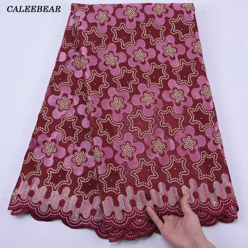 

2021 New Arrival Red Embroidery African Cotton Lace Fabric Stoned Swiss Voile Cotton Lace Fabric For Nigerian Party Dress S2127