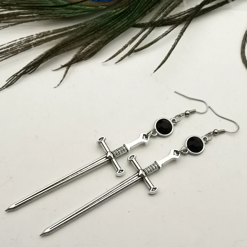 Black Crystal Sword Earrings, Extra Long Shoulder Shoulder Gothic Earrings Witch Goddess Gothic Dangle Earrings