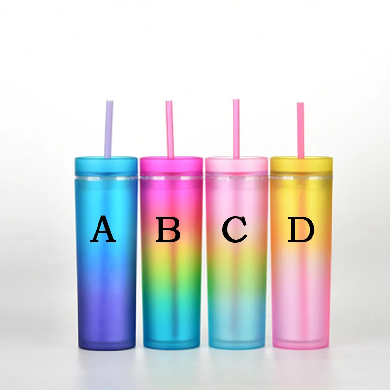 Wholesale 16oz Ombre Skinny Tumbler Gradient Acrylic Double Wall Plastic Water Flask Drinking Cups With Lid Straw Portable Juice