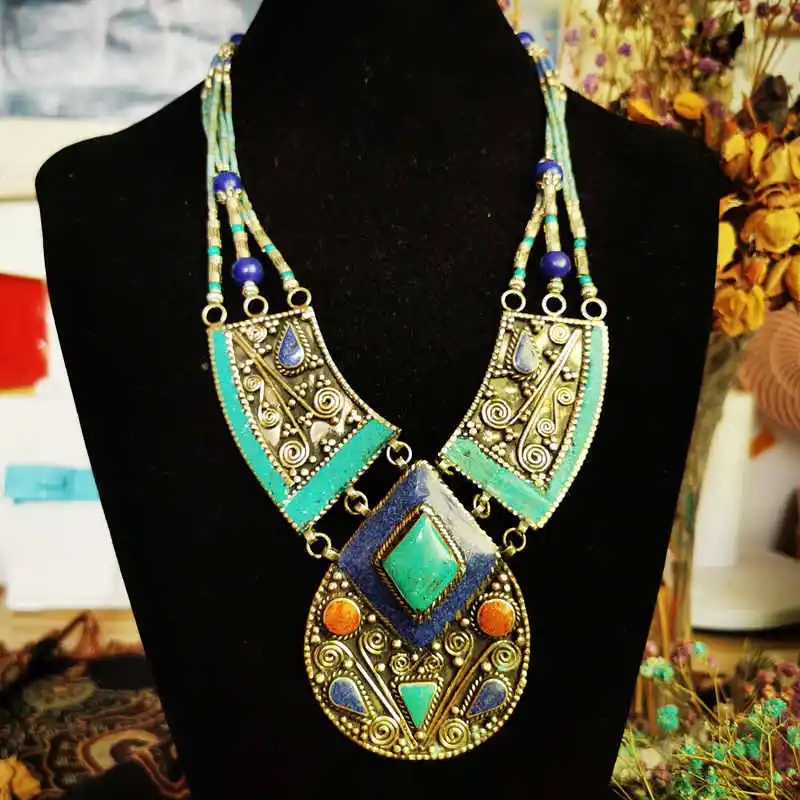 Indian BOHO Vintage Necklace Copper Inlaid Multi Statements Tibetan jewelry TNL148