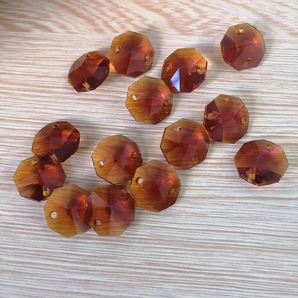 Camal 20pcs Amber 14mm Crystal Octagonal Loose Bead Two Holes Prisms Chandelier Lamp Parts Wedding Centerpiece