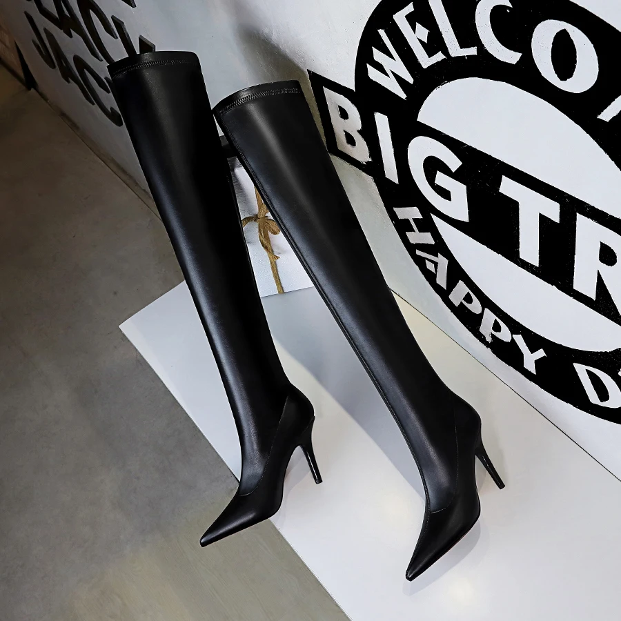 

BIGTREE Shoes PU Leather Sexy Over-the-Knee Boots Black Plush Warm Women Winter Boots Thin High Heel Boots Long Boots