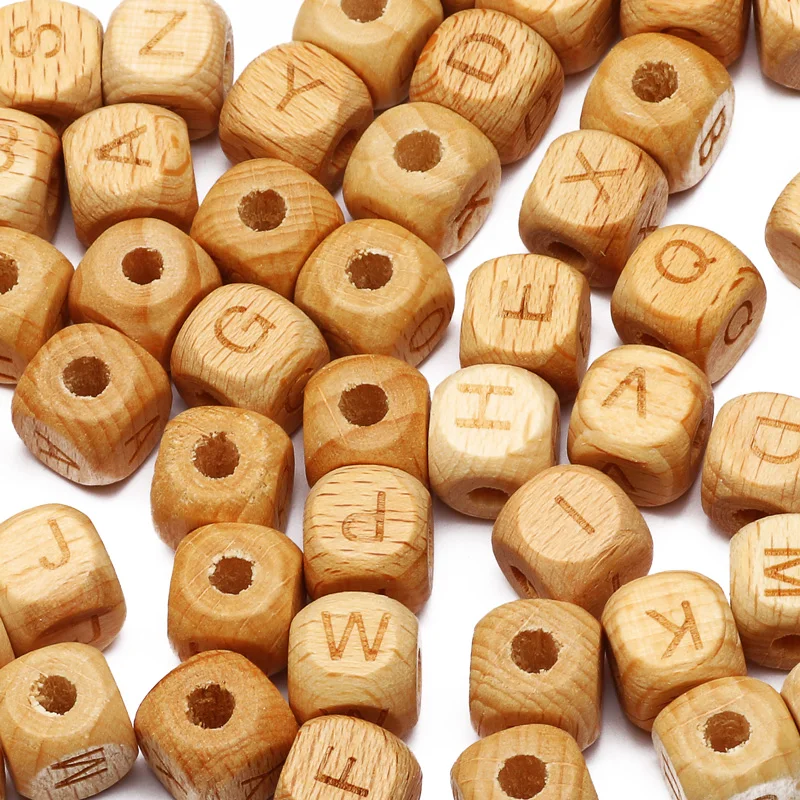 12mm Natural Beech Wooden Letter Beads Alphabet Square Cube Loose Spacer Wood Beads For Jewelry Making Diy Necklace Bracelet