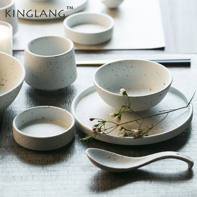 KINGLANG 1pcs Japanese Ceramic Western Meal Plate Steak Dish Household Rice Bowl Small Spoon Sauce Dish Pasta Noodle Plate