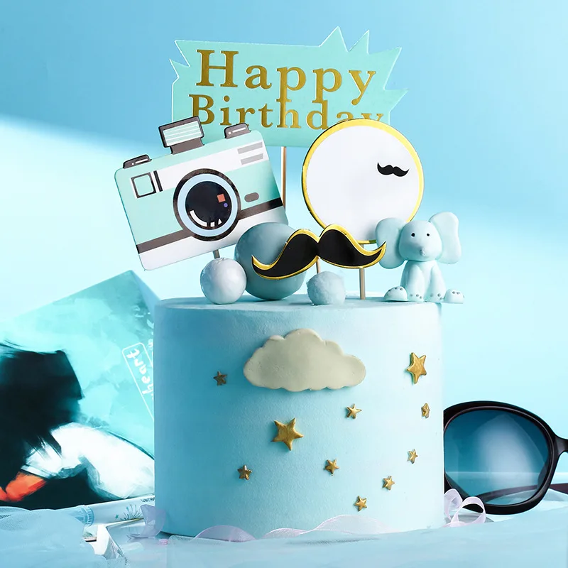 Happy Birthday Cake Topper Camera Mustache Photographer Decor Flag Kids Party DIY Baking Supplies Cupcake Toppers Baby Shower