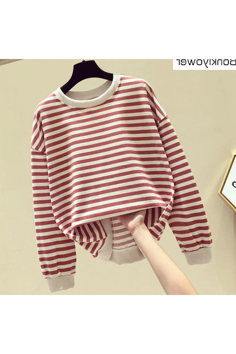 Women\'s Cotton Stripe Sweatshirt, Long Sleeve Slim Pullover, Round Neck Top, Loose, Spring and Autumn, New, 2024