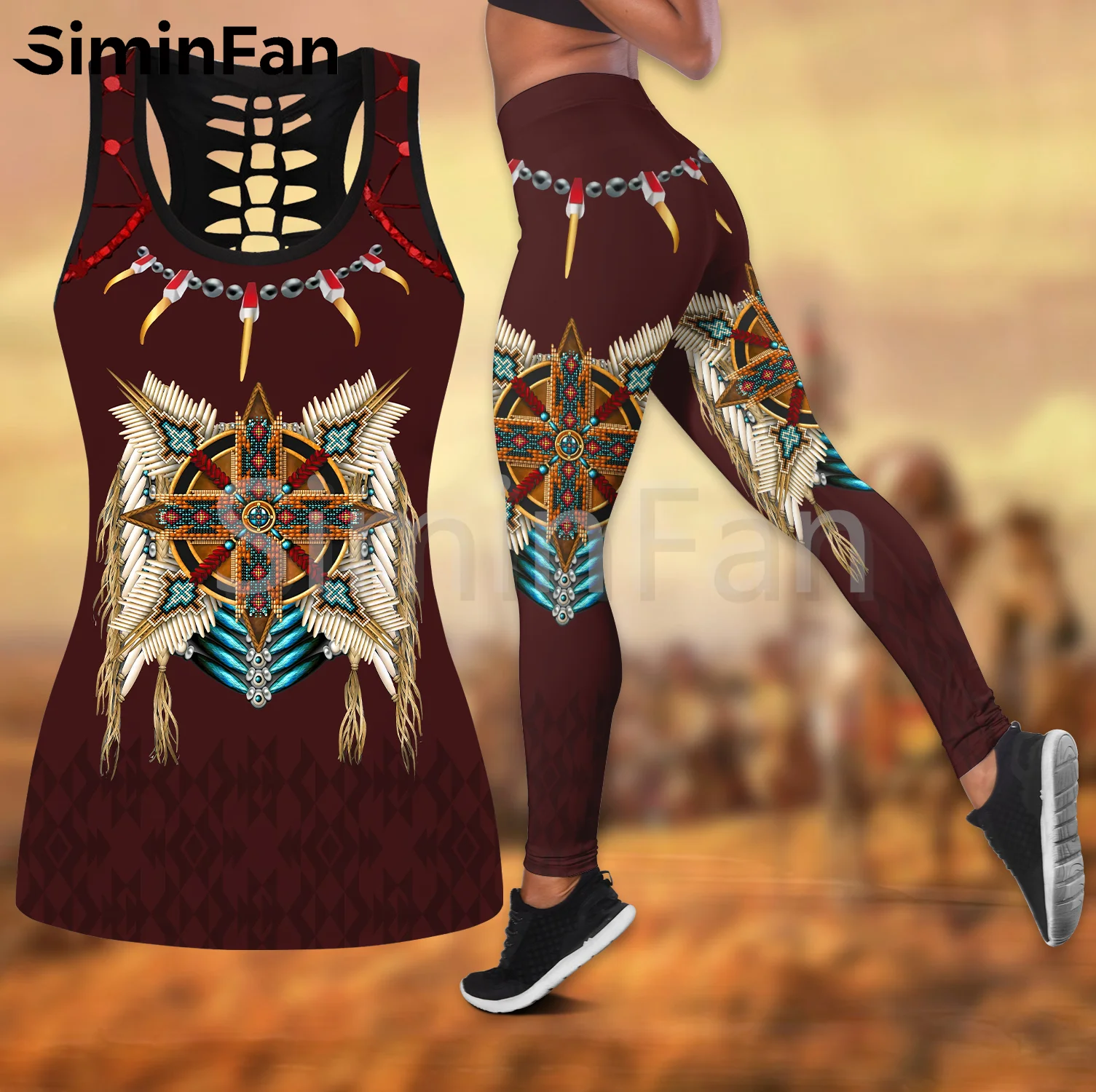 

Retro Tribal Style Combo Outfit Two Piece Yoga Sets Women 3D Printed Hollow Out Tank Top Leggings Summer Vest Casual Pant Suits