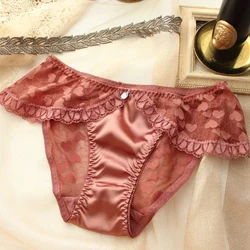 Heart Shaped Women Plus Sizes Panties With Rhinestones Retro Coffee Sensual Woman Underwear Mesh Kawaii Lingerie Transparent