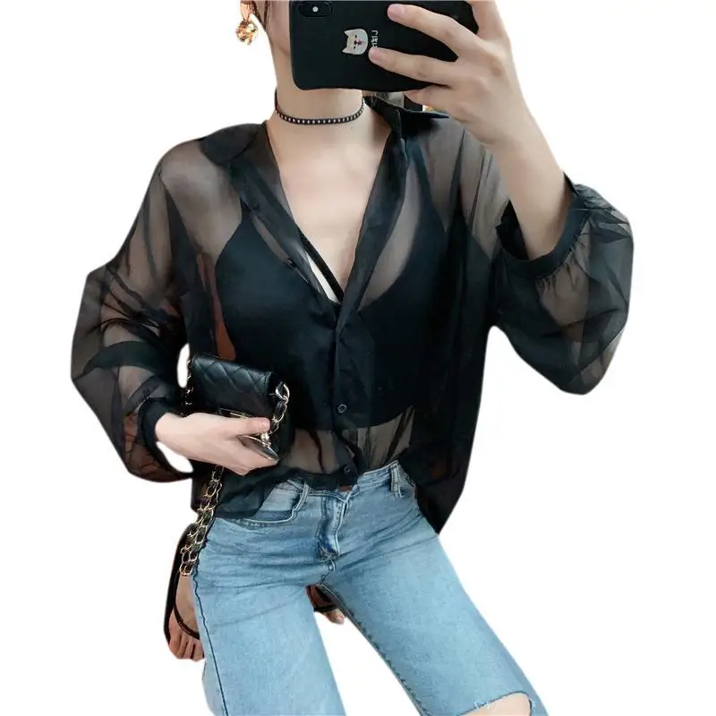 Blouse Women Women\'s Clothing Summer Sexy Chiffon Perspective Shirt Coat Female Blusas Ropa De Mujer