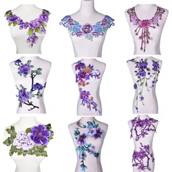 3D Flower Embroidery Purple DIY  Neckline Collar Costume Flower Lace Fabric Wedding Dress Patch Clothing Accessories