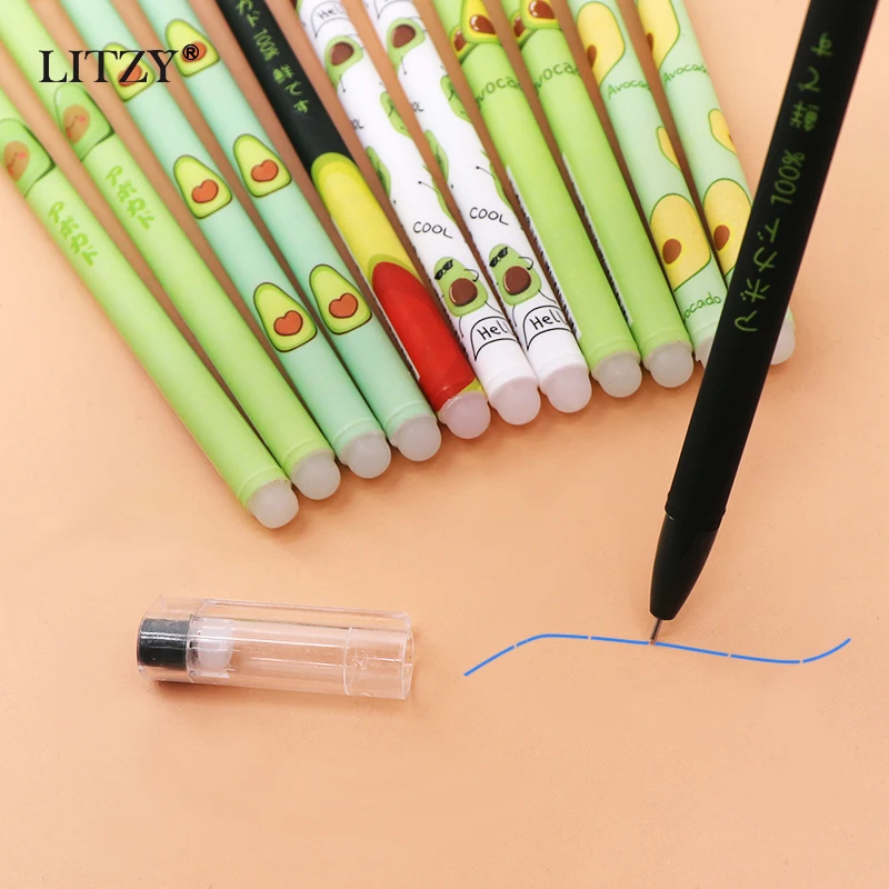 27Pcs/Lot Avocado Erasable Gel Pen Blue Ink 0.5mm Washable Handle Kawaii Stationery Pens Refill Rods for School Writing Tools