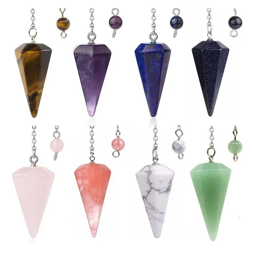Crystal Pendulum Pendant For Divination Dowsing Natural Healing Crystal Quartz Hexagon 7 Chakra Reiki Beads Chain Stone Pendant