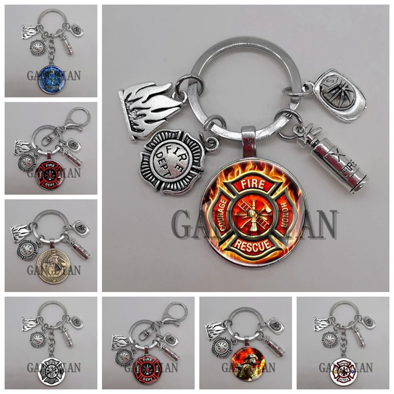 New fire extinguisher and flame glass cabochon keychain/firefighter gift/firefighter pendant keychain gift DIY keychain