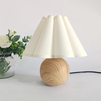 Wooden Bedside Lamp with bulb 3 Way Dimmable Nightstand Lamp with Round Fabric Flower Shade table lamp for Bedroom & Living Room