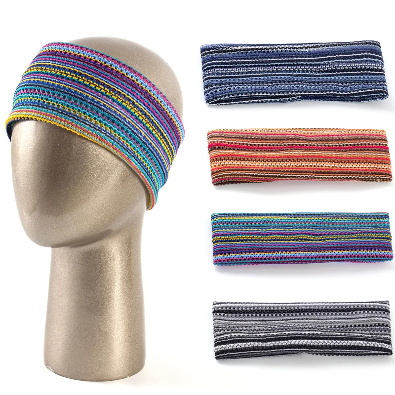 Geebro Vintage Multicolor Stripe Sports Hairband For Men Women Special Desgin Outdoor Headband Bohemia  Flat Headband Elastic