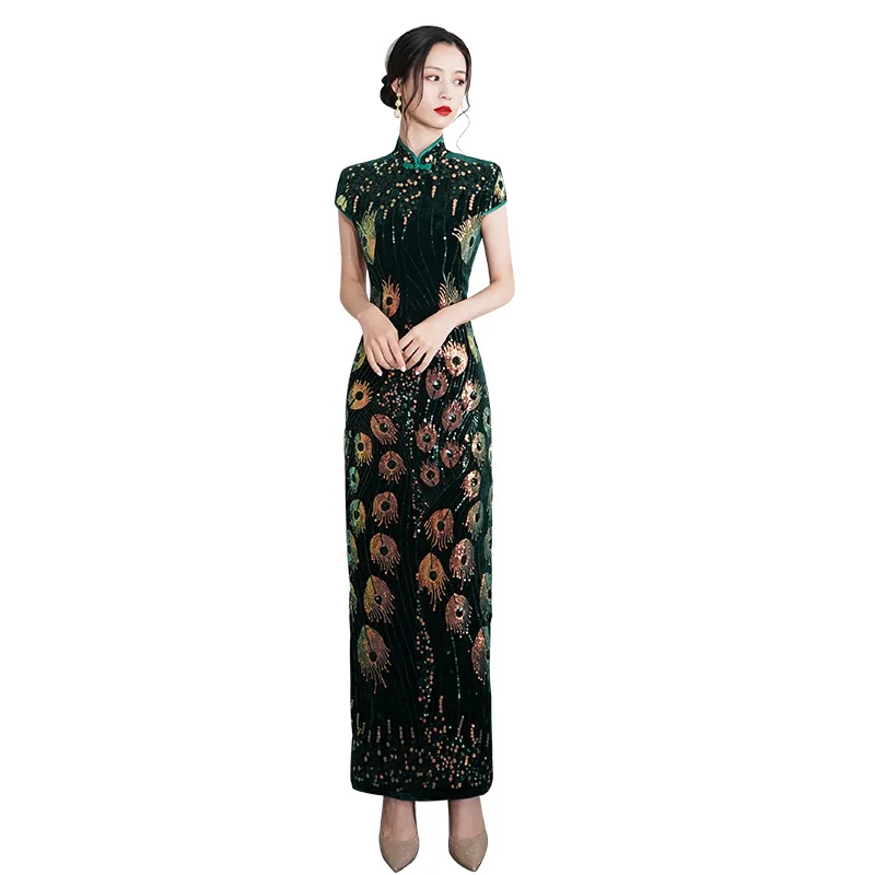 Elegant Lady Sequins Qipao Sexy Cheongsam Classic Mandarin Collar Chinese Dress Velvet Size 5XL Evening Party Vestidos