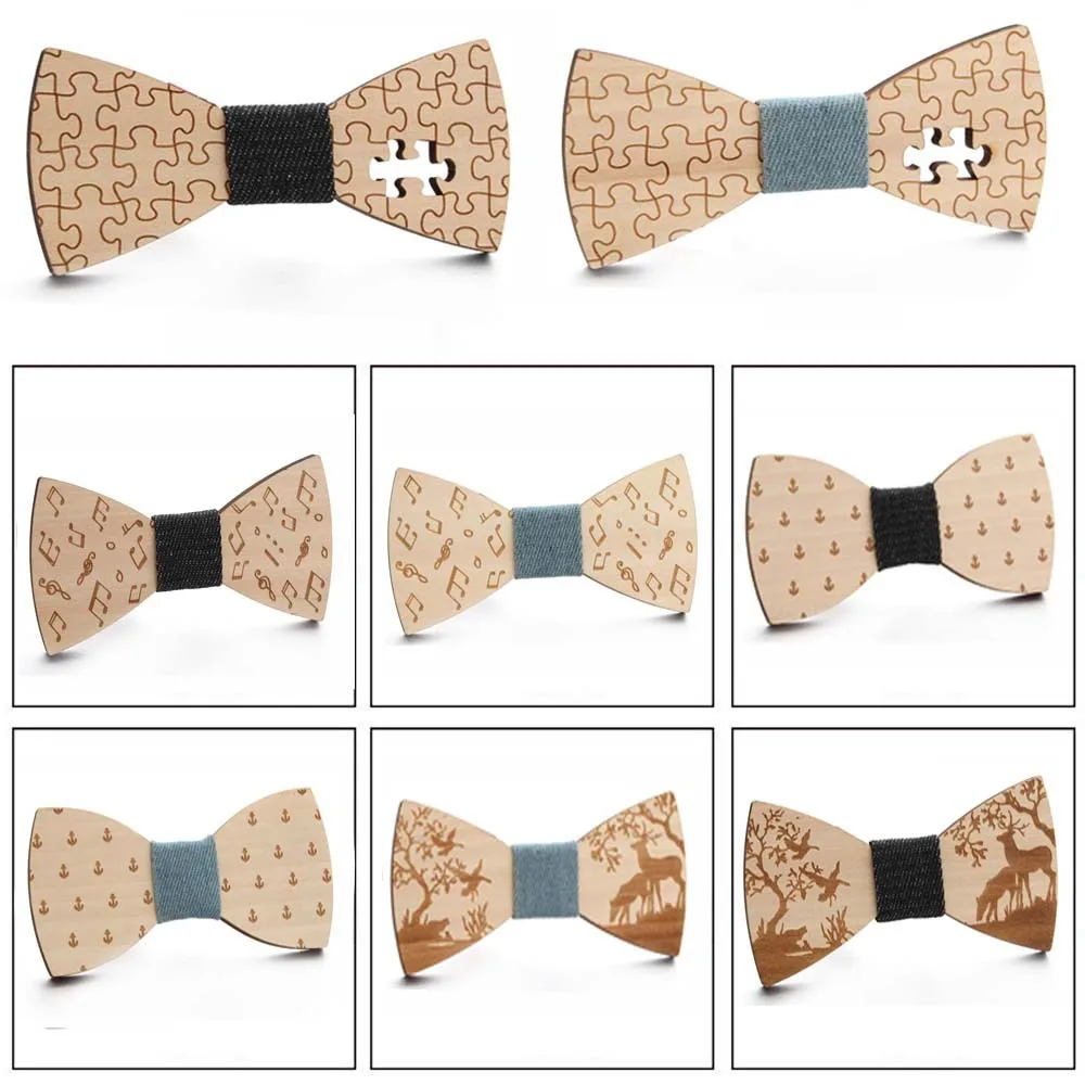 Gentleman Handmade Wooden Bowtie Musical Note Boat Anchor Pattern Men Kids Party Necktie Bowknot Classic Wedding Accessory