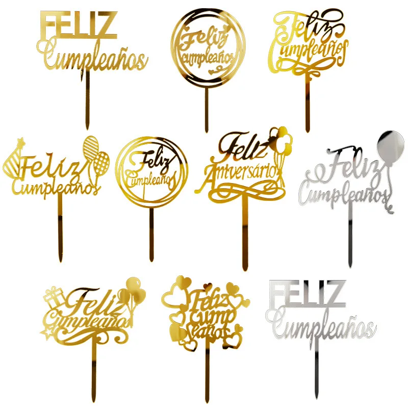 New Feliz Cumpleanos Spanish Acrylic Cake Topper Golden Balloon Round Baking Cake Topper for Kids Happy Birthday Cake Decoration