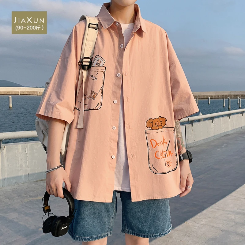 Pink cartoon printed anime vintage shirt men's short sleeve summer fashion brand large casual loose jacket shirts men clothing