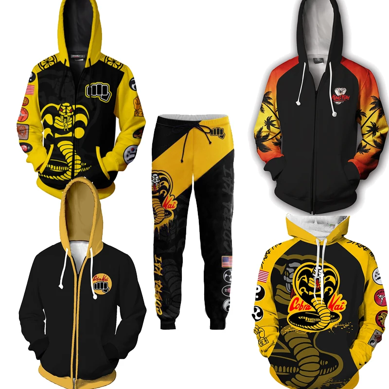 The Karate Kids 3D hoodies Pants set Zipper Sweatshrit Men women Cobra Kai Hooded Pullover Pants Cosplay Costume jacket hoody