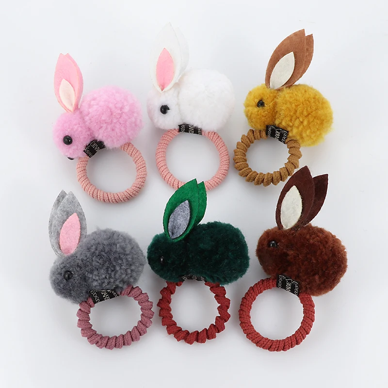 Cute animal hair ball rabbit hair ring girls rubber band elastic hair bands Korean headwear children hair Accessories ornaments image 4