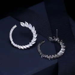 ThreeGraces Women Earring Fashion Jewelry Circle Half Round Leaf Shape Cubic Zirconia Stone Big Stud Earrings For Party ER164