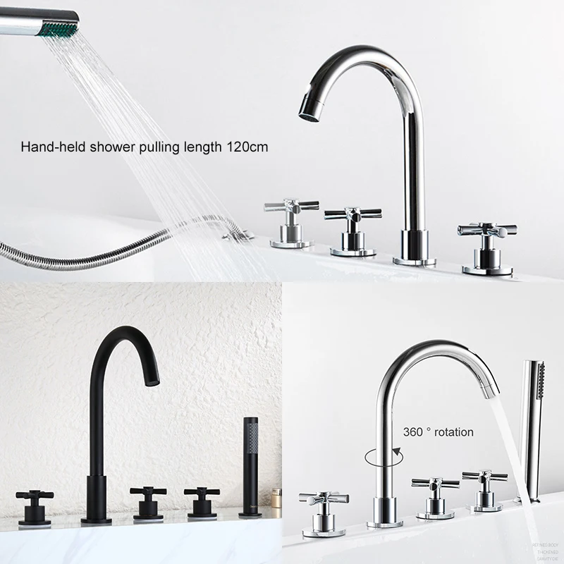 ELLEN Bathtub Faucets Mixer Bath Tub Deck Mounted 5 Hole Hot Colder Water Crane with Hand Shower Black Chrome Finished EL8911