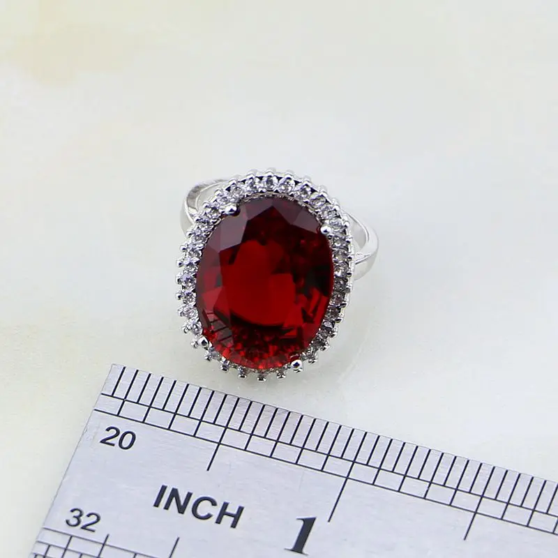 925 Silver Jewelry Round Red Garnet Zircon White CZ Jewelry Sets For Women Wedding Earring/Pendant/Necklace/Ring 3PCS