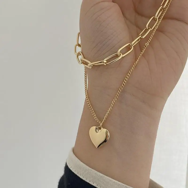 2021 New New Metal Double-layer Necklace Ins Cold Wind Hip-hop Sweater Chain Love Long Pendant Necklace Jewelry Accessories